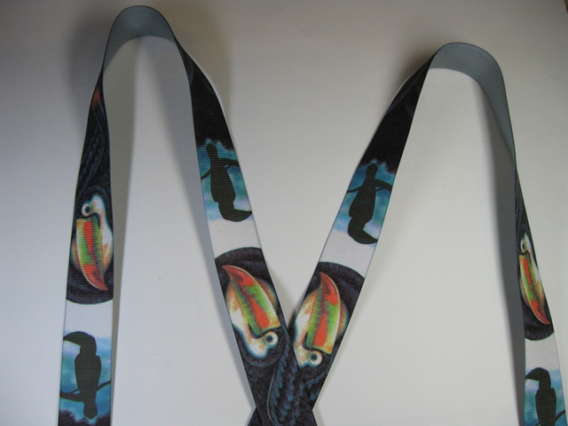 WILDLIFE TOUCAN Button On. 2"x 60" "Y" Style Leather Ends. Entirely Stretchable Hand Washable and Hang to Dry Cotton/Polyester Material. YB-PA130N60WLTC